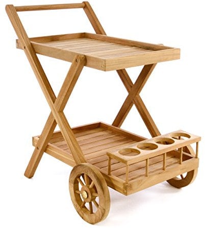 Divero Servierwagen aus Teakholz, behandelt - Teewagen Rollwagen Küchenwagen - mit Rädern, 2 Abstellflächen und Flaschenhalterung