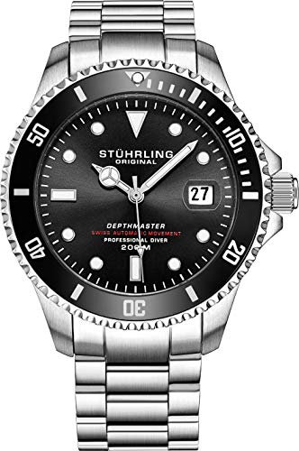 Stührling Orologio da sub da uomo in acciaio inossidabile resistente all'acqua fino a 200 metri, movimento automatico svizzero con chiusura di sicurezza e corona a vite