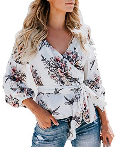 Petalum Top à Manches Longues Femme à Imprimé Floral Col Cache-Cœur Manches Bouffantes avec Ceinture Haut