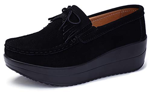 Solshine Damen Wildleder Plateau Loafers Keilabsatz Mokassins Slipper P025 Schwarz4 40EU