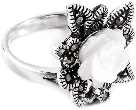 Windalf Vintage Damen-Ring ANASTASIA 17 mm Bohemia Silberring Rose Perlmutt Markasitsteine 925 Sterlingsilber