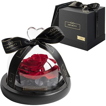 Infinity Flowerbox - Dome Rose im Glas inkl. Geschenkbox - 3 Jahre haltbare echte Infinity Rose, wie bei Die Schöne und das Biest, als Geschenk für Frauen mit Geschenkbox & Tüte (Vibrant Red, Bell)