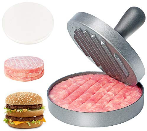 Asdirne Hamburger Press Patty Maker, Food Grade Aluminum Burger Press with ABS Handle, Non-Stick, Easy to Clean, with 50 Pcs Wax Patty Paper, 4.6 Diameter and 0.7 Depth
