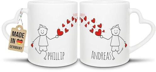 Partner-Tassen mit süßen Strichmännchen - für Mann und Mann - zum selbst Beschriften mit Wunschnamen - 2er Set Kaffeebecher aus Keramik mit Herzhenkel in Weiß, je 300 ml
