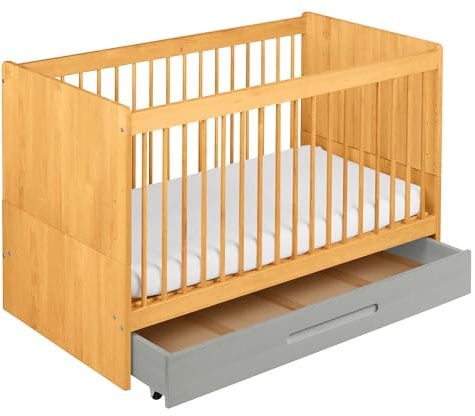 BioKinder Lina Babybett Gitterbett und Kinderbett 70 x 140 cm aus Bio-Massivholz Erle mit Bettkasten in Elefantengrau und bionik bioduo Schurwoll Matratze