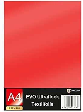 Evo Ultraflock Textilfolie für Plotter 33 Farben Flockfolie im Din A4 Format 30x20cm Plotterfolie für Stoff Kleidung T-Shirt Flock Folie Zubehör (1 Bogen, 005 Hellrot)