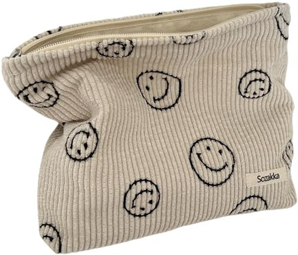Gardsell Cosmetic Bags for Women - Corduroy Cosmetic Bag Aesthetic Women Handbags Purses Smile Dots Makeup Organizer Storage Makeup Bag Girls Case Bags (A-Beige)