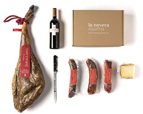 La Nevera Española - Lote Ibérico de Bellota con Jamón, Lomo, Salchichón, Chorizo y Queso de Oveja - Con Botella Ribera del Duero - Delantal de Regalo