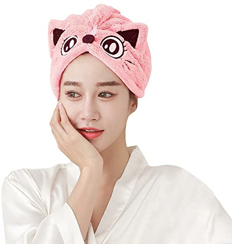 Microfiber Hair Drying Cap Super Absorbent Hair Drying Towels Wrap Women Girls Quick Dry Hair Turban Cap with Button Design Bath Shower Head Wrap Elastic Fast Magic Dryer Hat Towel (Pink)