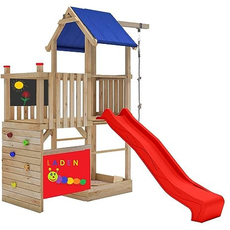 Spielturm Alex 232 - natürlich Lärche - mit Kletterwand, Feuerwehrstange, Kreidetafel, Kletterseil, Kaufladen und Rutsche rot