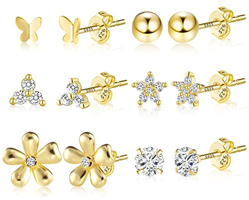 ALEXCRAFT Ohrstecker Gold Set Ohrringe Silber 925 Ohrringe Damen Herren 14K Cubic Zirconia Earrings(6 Paar,5 MM)