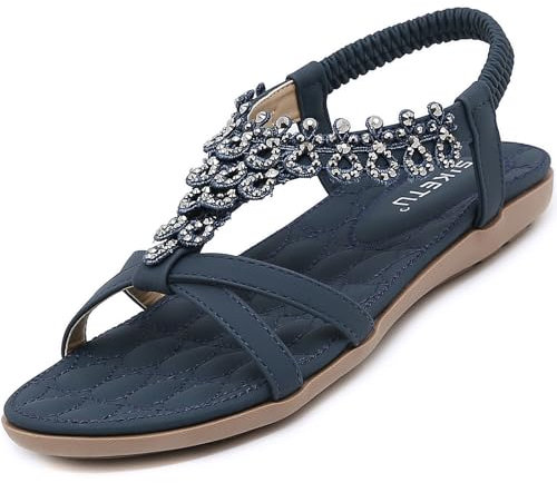Acfoda Sandales Femme Été Confortable Mode Plates Bohême Tongs avec Strass Léger Chaussures Orthopédique Sandals Confort Sandalette et Mules Bleu 43