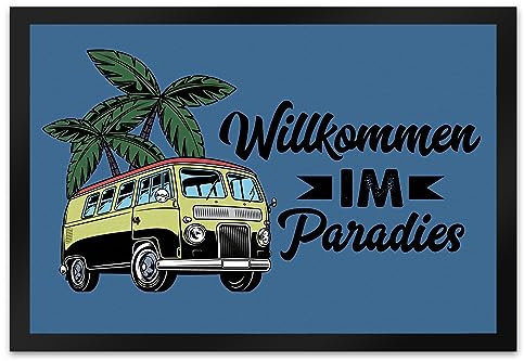 speecheese Willkommen im Paradies Campervan Fußmatte XL in 40x60 cm EIN dekoratives Türvorleger für Dein Zuhause Bulli Fußabtreter Vanlife Türmatte Camping Urlaub