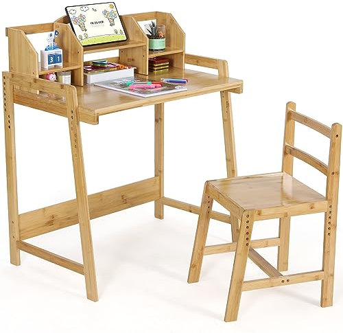 Scrivania per Bambini Regolabile in Altezza, Scrivania per Bambini con Sedia, Scrivania in Legno di Bambù, Scrivania con Supporto per Libro, Set da Scrivania per Bambini e Ragazze, Colore Naturale