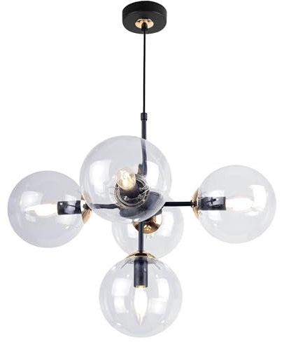 Light-Home Imperia Hängelampe - Deckenlampe für Wohnzimmer Schlafzimmer und Esszimmer- Pendelleuchte aus Metall und Glas - E14-5-Flammig - Schwarz Gold Basis und Grau