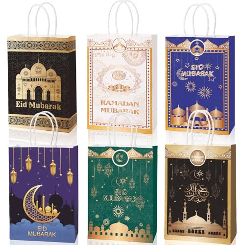 JUNEBRUSHS Ramadan Tüten mit Griffen, 18 Stück Eid Mubarak Tüten 7 Stile Henkeltüten zu Ramadan Papier Ramadan Geschenktüten Ramadan Kalender zum Befüllen Wiederverwendbar