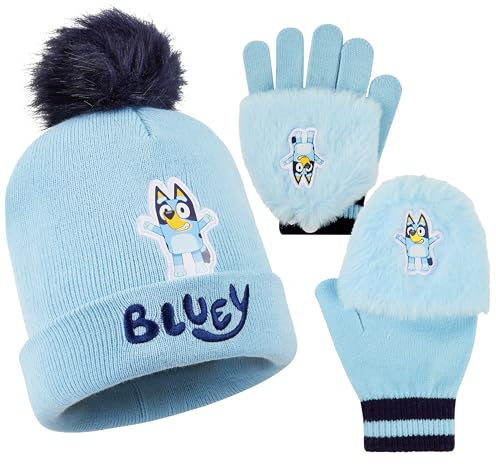 Bluey Girls Winter Accessories Set Cosy Warm Knit Hat Scarf & Kids Gloves or Beanie & Gloves School Travel, Kids Gifts (Blue Bluey 2 Pcs, 2-8 Years)