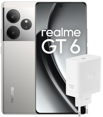 realme Smartphone GT6 256GB 12GB Fluid Silver EU + SUPERVOOC 120W Power Adapter White