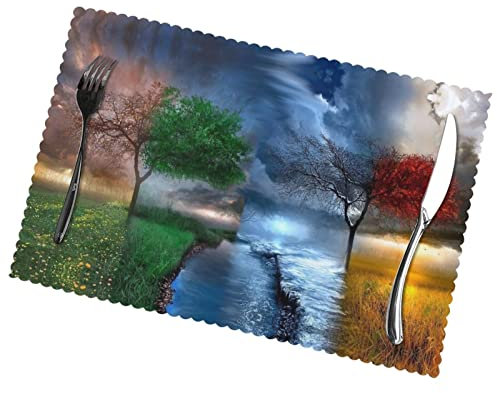 Four Season Tree Of Life Placemats Set Of 6, Polyester Heat Resistant Table Mats Washable Placemat For Kitchen Dining Table Decoration