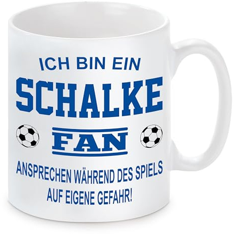 Fussball Tasse | Ich bin ein Schalke Fan - Ansprechen während des Spiels auf eigene Gefahr | Keramiktasse für Fußballfans | Spülmaschinenfest | mit Wunschtext auf der Rückseite
