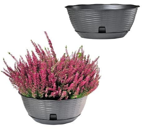 GarPet 2X Pflanzschale Blumenschale Pflanzschalen für draussen Bonsai Topf Pflanzschale Rund inkl. Untersetzer Grabschale Anthrazit 40 cm
