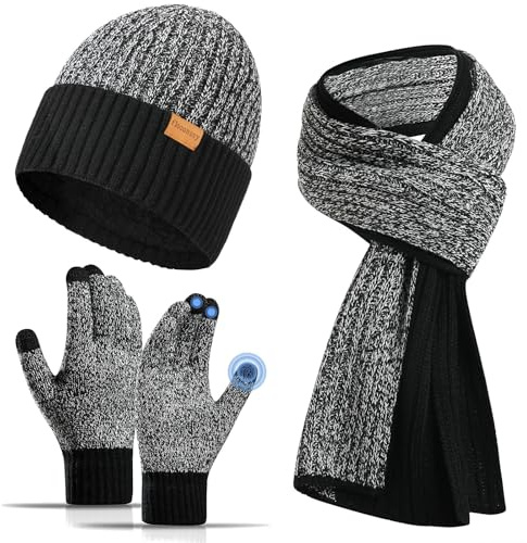 floconssy Men's Winter Hat Scarf Gloves Set, 3 PCS Thermal Gears for Men