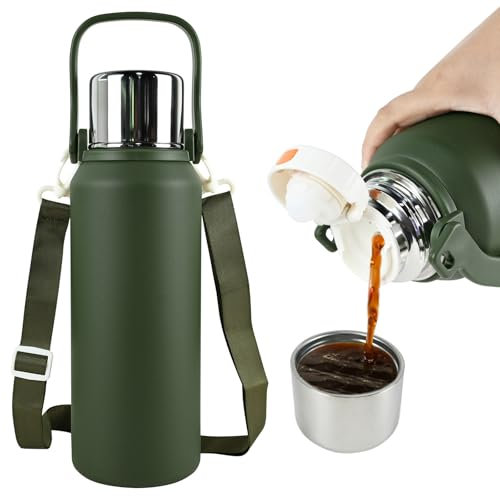 ROADNADO Stainless Steel Water Bottle, 1.5 L, Thermos Flask with Handle and Shoulder Strap, Portable Water Bottle, Stainless Steel Bottle, 24-36 Hours, Hot Cold, Large Capacity, Insulated Bottle for