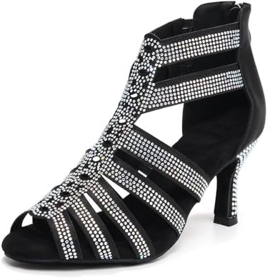 Scarpe da Ballo Latino Donna Salsa e Bachata Tango Valzer da Sala Nero Stivali da Ballo Tacco 7,5 cm per Ballare con Punta Aperta, 37.5 EU