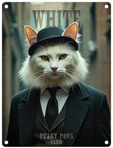 Small (150 x 200mm) Metal Sign - Peaky Paws Club - White Cat