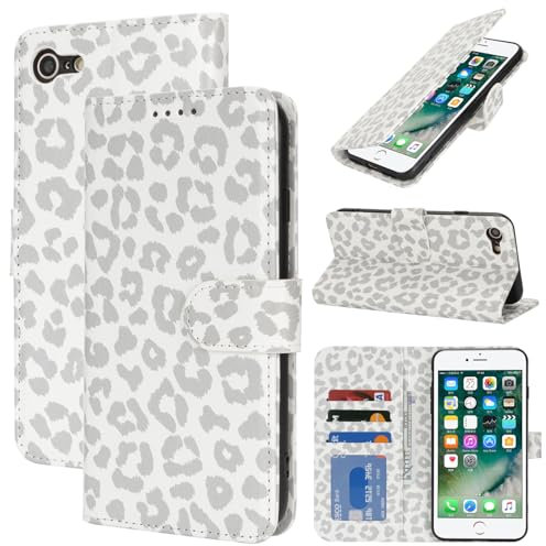 Zouzt Hülle für iPhone SE 2022/2020, 8/7 4,7-Zoll, Stoßfestes PU Leder Handyhülle Lederhülle Klapphülle mit Kartenhalter und Standfunktion Flip Leather Wallet Phone Cover (Weiß Leopard)