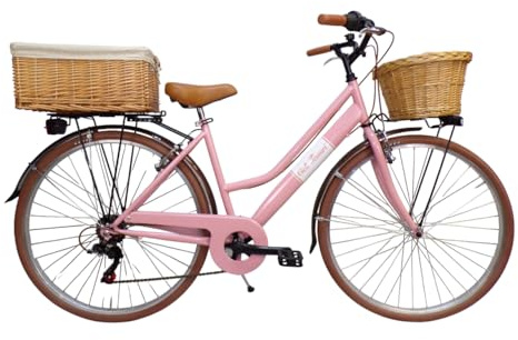 Cicli Tessari - bicicletta donna bici da città city bike da passeggio 28'' con cambio vintage retro' con cesto in vimini anteriore e posteriore