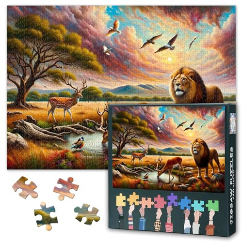 Afrikanische Wildlife Jigsaw Puzzles 1000 Stücke für Erwachsene Löwe und Elch Puzzles Jugendlicher Familienspielzeug Herausfordernde Puzzle Geeignet für Spielnächte Größe: 70x50cm