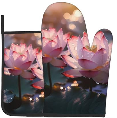 The Lotus in Full Bloom - Set di 3 guanti da forno con presine, adatti per microonde, friggitrice ad aria, cottura al forno, grigliate
