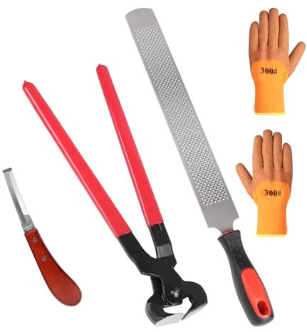 LALAGO Set di 4 Kit di Strumenti Professionali per Tagliare Gli Zoccoli da Maniscalco, Coltello per Zoccoli, Tosatore per Zoccoli, Raspa per Zoccoli, Guanti