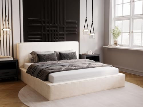 GRAINGOLD Monaco Bett 140x200, Polsterbett mit Bettkasten, Polsterbett mit Stauraum, Velour, mit Lattenrost, mit Kopfteil, ohne Matratze (Creme, 140x200)