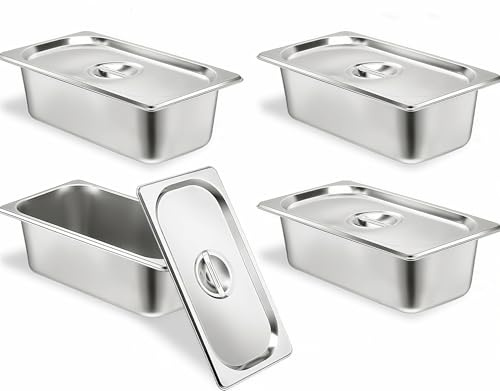 PANTSLINE Stainless Steel Food Service Pans with Lids - 4 Pcs 1/3 Size Steam Table Pans, 10cm Depth Commercial Kitchen Hotel Pan for Catering, Buffet, Restaurant Storage, Party & Cafeteria Use