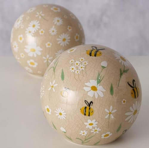 RiloStore 2er Set Dekokugeln Biene Creme Weiss braun 8cm Deko Kugeln b6006 Teichkugeln Dekokugeln Schwimmkugeln Rose Miniteich Gartenteich Gartendeko Dekoration