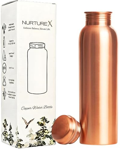 NurtureX Gourde en cuivre, 1 litre / 34 oz, revêtement protecteur anti-ternisse, anti-fuites, sans joint, faite à la main, vaisselle écologique et ayurvédique pour le yoga, le gym et le bureau