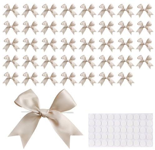 UYXiNONE 50 PCS Prefabricated Bows 9 x 8 cm with Adhesive Dots, Self-Adhesive Satin Ribbon Bows for Gift Wrapping, Wedding Decoration, Christmas Tree Decorations (Champagne)
