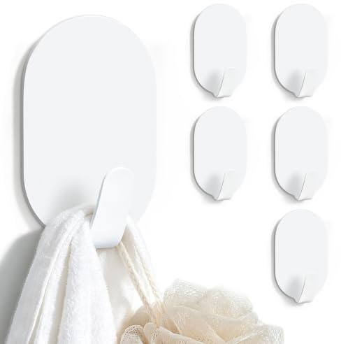 White Self Adhesive Hooks, 6 Pack Stick on Hooks Heavy Duty for Bathroom | Waterproof & Rust-Resistant, 5KG Load Capacity, Stainless Steel, Strong Sticky Hook for Hanging Towels & Clothes