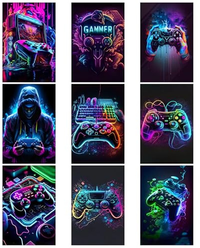 Komergave 9 Stück Graffiti Poster Jungenzimmer Wandbilder, Graffiti Gaming Zimmer Deko, Bunte Kopfhörer Gamepad Gaming Poster, Cool Neon Gaming Bilder für Schlafzimmer Spielzimmer Rahmenlos
