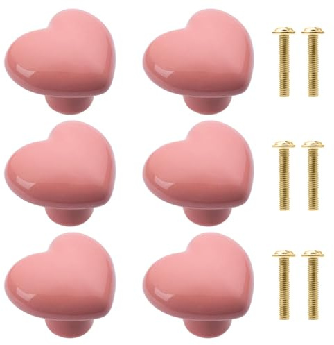 Daleweo 6 PCS Furniture Knobs, Ceramic Heart Pink Knob for Cupboard, Cute Handmade Decorative Handles with Screws for Children's Room, Drawers, Cupboard, Wardrobe, Bookshelf
