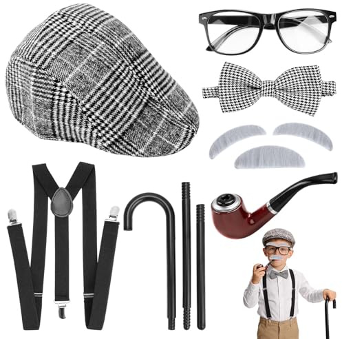 Jognee 20er Jahre Kostüm Herren Accessoires Mafia Kostüm Herren Gatsby Accessoires Alter Mann Kostüm Set mit Hut, Verstellbar Elastisch Hosenträger, Brille, Krücken, Fliege, Bärte, Taschenuhr