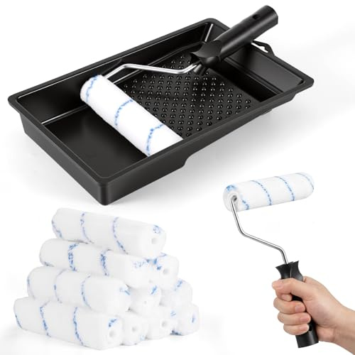 GEOKILO 6 Inch Paint Rollers and Trays Sets, 12 Pcs Small Paint Roller Set | with 10 Pcs Roller and Holder & Tray, Microfiber Sponge Roller Cover for Painting Walls Trim Doors