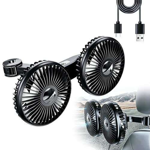 PRITOK Car Fan Dual Head: Three-Speed 360° Rotatable Dedicated Rear Seat Electric Fan (Plug-In) USB Car Seat Fan, Adjustable Car Fan for Backseat, Car Cooling Fan, for Vehicle Backseat Use