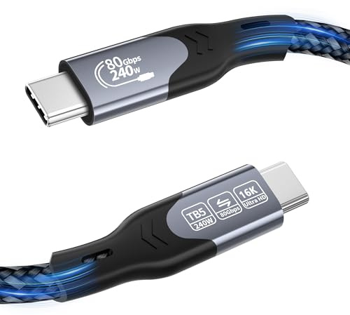 Cable Thunderbolt 5,cable USB-C a USB-C 1m,PD 3.1 240W 80Gbps,ancho de banda unidireccional de hasta 120Gbps,vídeo 16K/8K@60Hz,compatible con monitores/portátiles/iPads/iPhones/MacBooks/SSDs/eGPUs