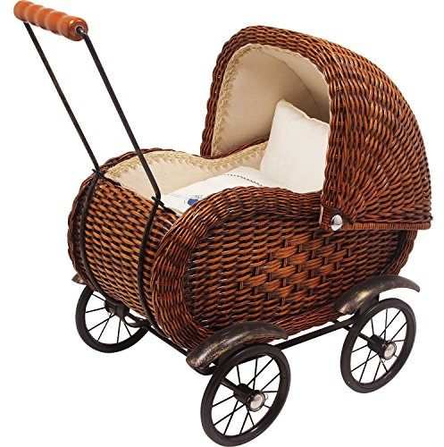 Small Foot foot 8762 Puppenwagen „Elisabeth“ im nostalgischen Design aus Holzrattan, mit beweglichem Verdeck inkl. Wäsche