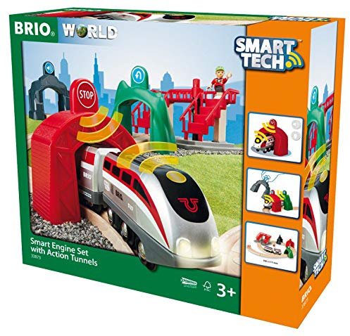 BRIO World 33873 Großes Smart Tech Reisezug Set Elektrischer Zug mit Schienen, Tunnel & Fußgängerbrücke Interaktives Spielzeug empfohlen ab 3 Jahren