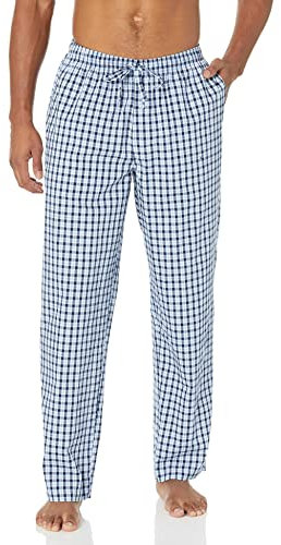 Amazon Essentials Pantaloni da Pigiama in Tessuto vestibilità Dritta con Tasche Uomo, Blu Chiaro Bianco Motivo Scozzese, XL