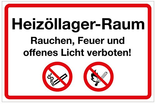WANDKINGS Hinweisaufkleber für den Innen- und Außenbereich - Heizöllager-Raum Rauchen, Feuer und offenes Licht verboten! - 20x15 cm - Aufkleber ohne Schild